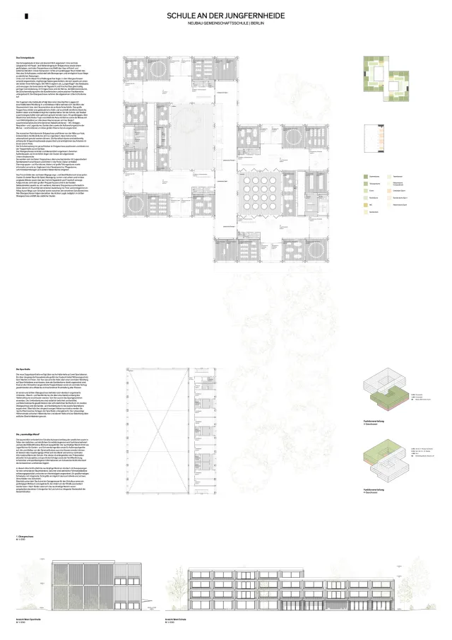 Grundriss des 1. Obergeschosses der Schule an der Jungfernheide – Entwurf von Bruno Fioretti Marquez GmbH und Studio Vulkan Landschaftsarchitektur GmbH (3. Preis)