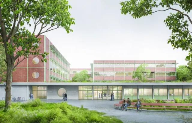 Außenansicht der Schule an der Jungfernheide – Entwurf von <abbr>AFF</abbr> Architekten und <abbr>POLA</abbr> Landschaftsarchitekten GmbH (3. Preis)