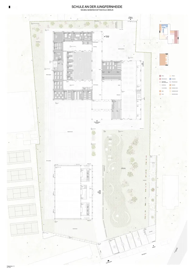 Erdgeschossgrundriss der Schule an der Jungfernheide – Entwurf von Bruno Fioretti Marquez GmbH und Studio Vulkan Landschaftsarchitektur GmbH (3. Preis)