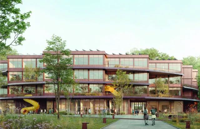 Außenansicht der Schule an der Jungfernheide – Entwurf von Wulf Architekten GmbH und Planstatt Senner GmbH (1. Preis) (Titelbild)