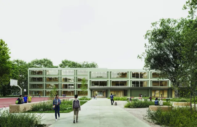 Außenansicht der Schule an der Jungfernheide – Entwurf von Bruno Fioretti Marquez GmbH und Studio Vulkan Landschaftsarchitektur GmbH (3. Preis)