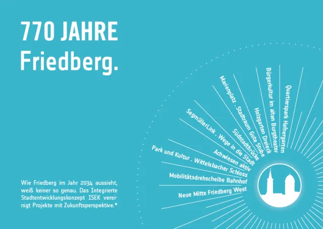 Friedberg, Werbeflyer zum <abbr>ISEK</abbr> in der Grafik des gleichzeitigen 750-Jahr-Stadtjubiläums
