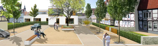 Celle: Wettbewerbsbeitrag »Leben in der Mitte«, UmbauStadt 2011: Platzimpression im Nordblock (Bildmontage)