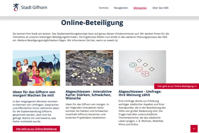 Beteiligungsphasen auf der Homepage des <abbr>ISEK</abbr> Gifhorns