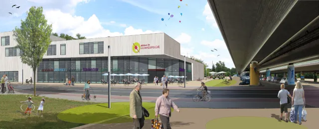 Ludwigsfelde: Bebauungsvorschlag »Neue Mitte Ludwigsfelde« um die Autobahnbrücke (Bildmontage)