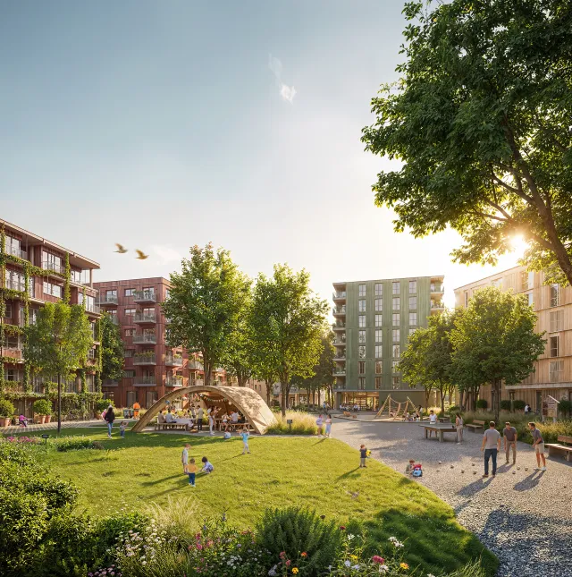 Blick in einen Wiesen-Anger (Bildmontage) aus dem Entwurf von Hosoya Schaefer Architects <abbr>AG</abbr> gemeinsam mit AgenceTer.de GmbH Landschaftsarchitekten