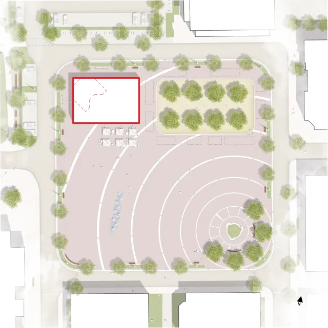 Aktueller Entwurf zum Marktplatz mit roter Markierung des Baufensters (Quelle Entwurfsplan: frenz landschaftsarchitekten)